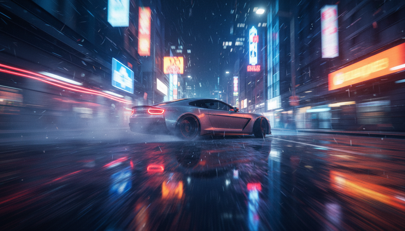 Sports car drifting on a rainy road
