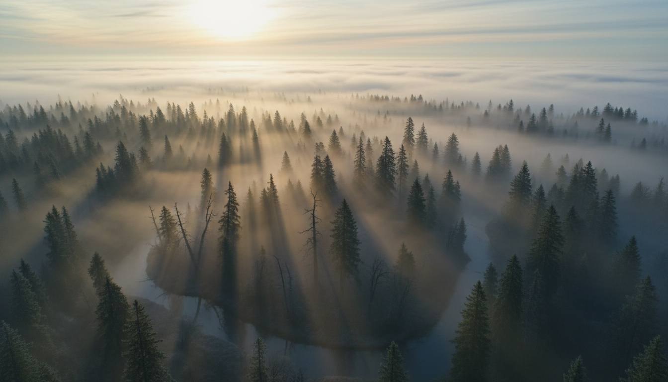 Cinematic drone shot over a foggy forest at sunrise